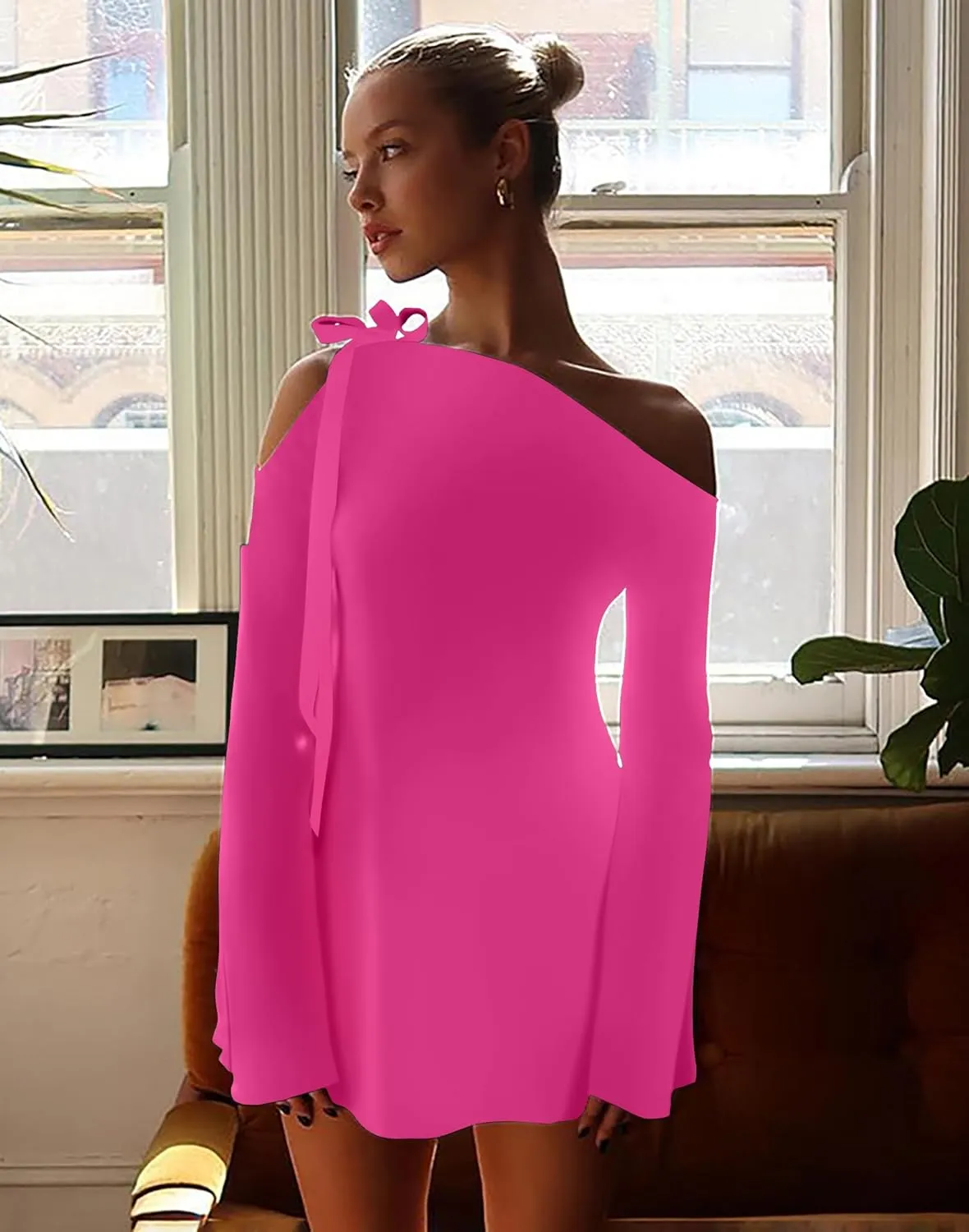 HYPERFIRE Women's Shoulder Tie Long Sleeve Asymmetrical Dress Boat Neck Cocktail Mini Dresses