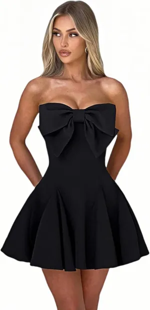 JUMISEE Women's Elegant Bow Strapless Homecoming Dress A Line Swing Tube Mini Dress Short Evening Party Prom Dress