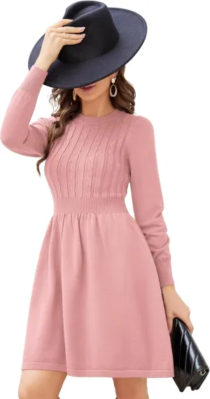 KOJOOIN Women Long Sleeve Knitted Crewneck High Waist A-Line Cute Mini Sweater Dress