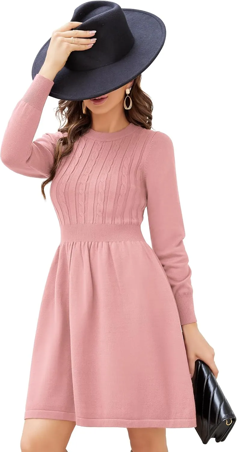 KOJOOIN Women Long Sleeve Knitted Crewneck High Waist A-Line Cute Mini Sweater Dress