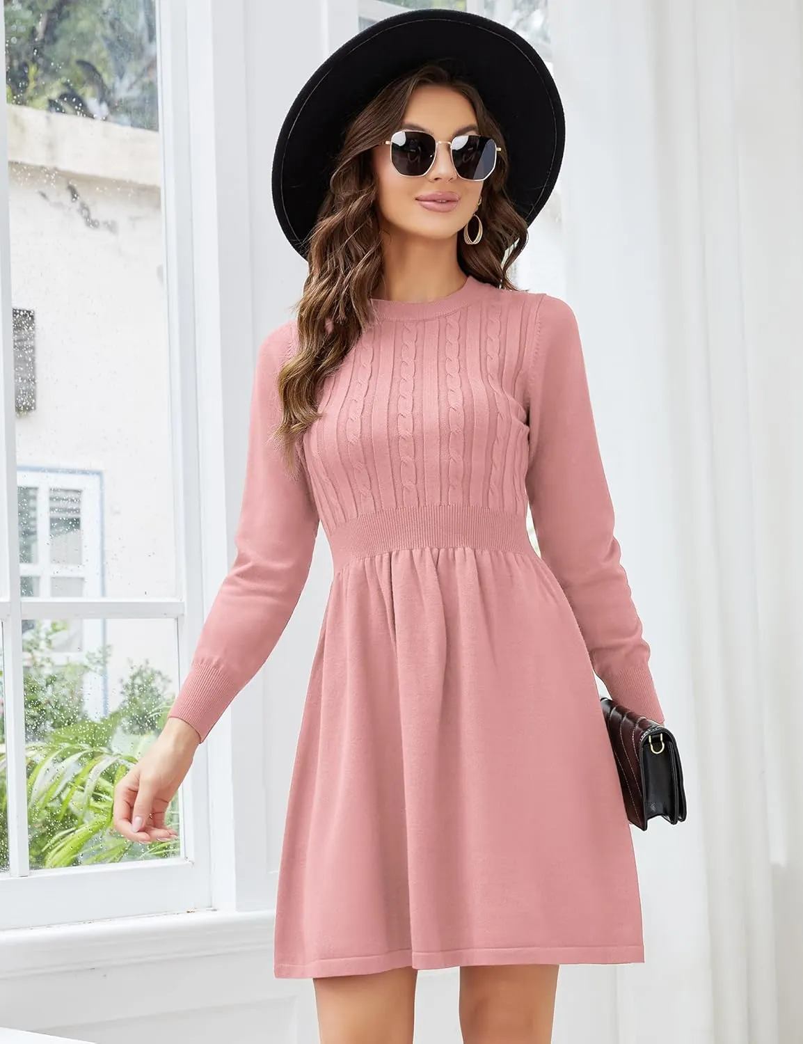 KOJOOIN Women Long Sleeve Knitted Crewneck High Waist A-Line Cute Mini Sweater Dress