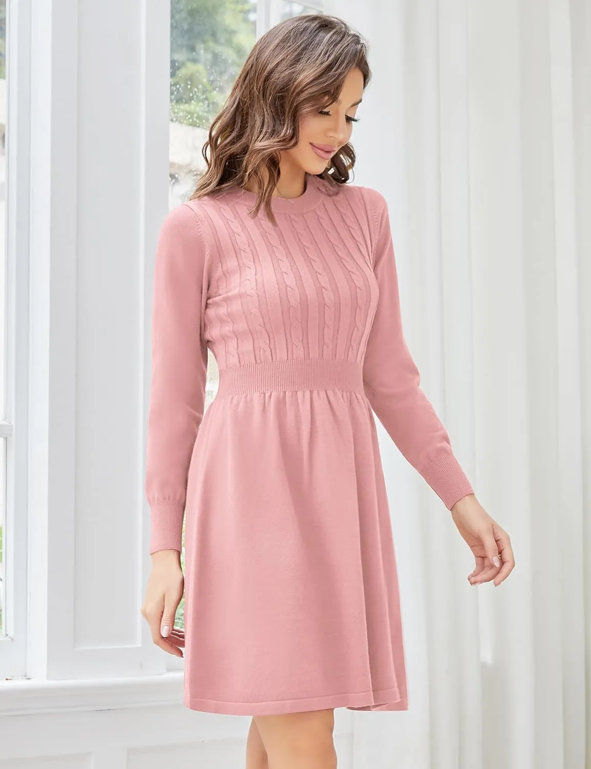 KOJOOIN Women Long Sleeve Knitted Crewneck High Waist A-Line Cute Mini Sweater Dress