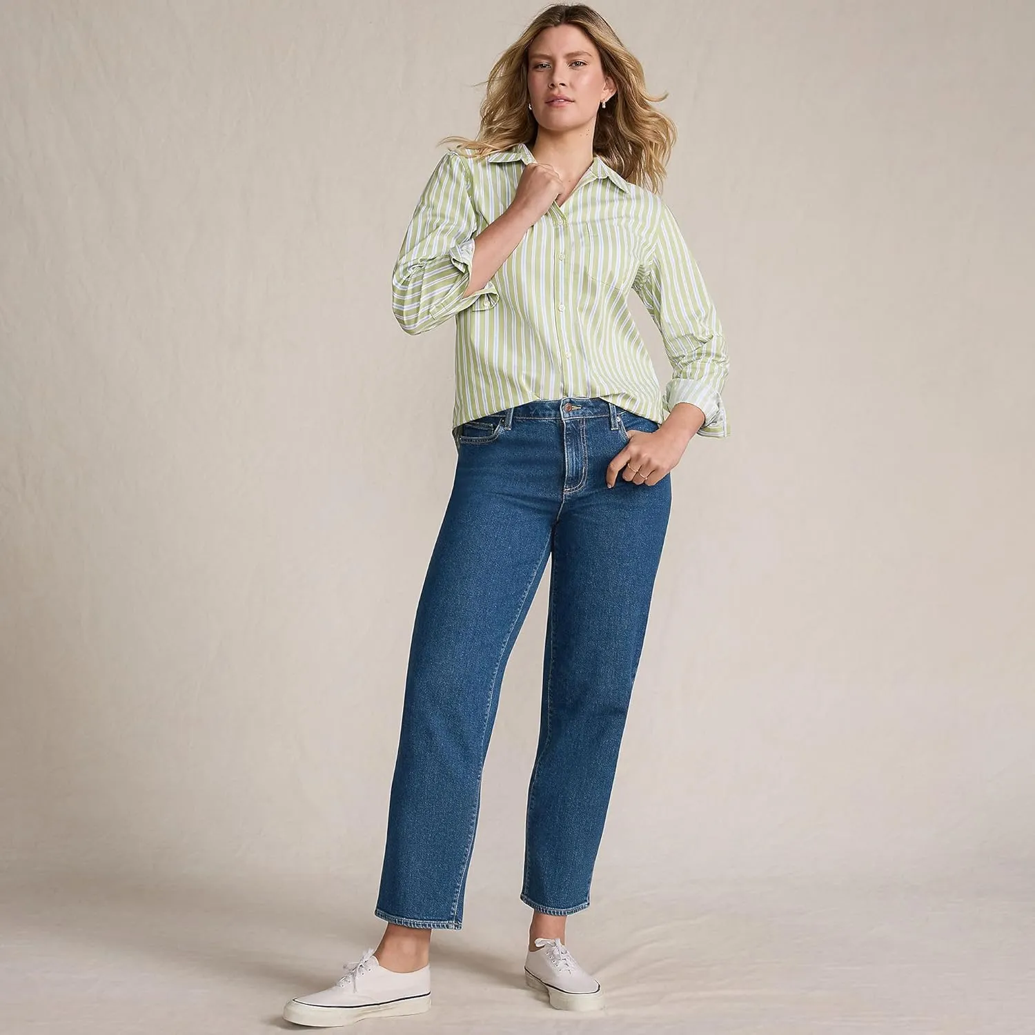 Lands' End Women's Soft Denim Mid Rise Relaxed Straight Crop Jeans