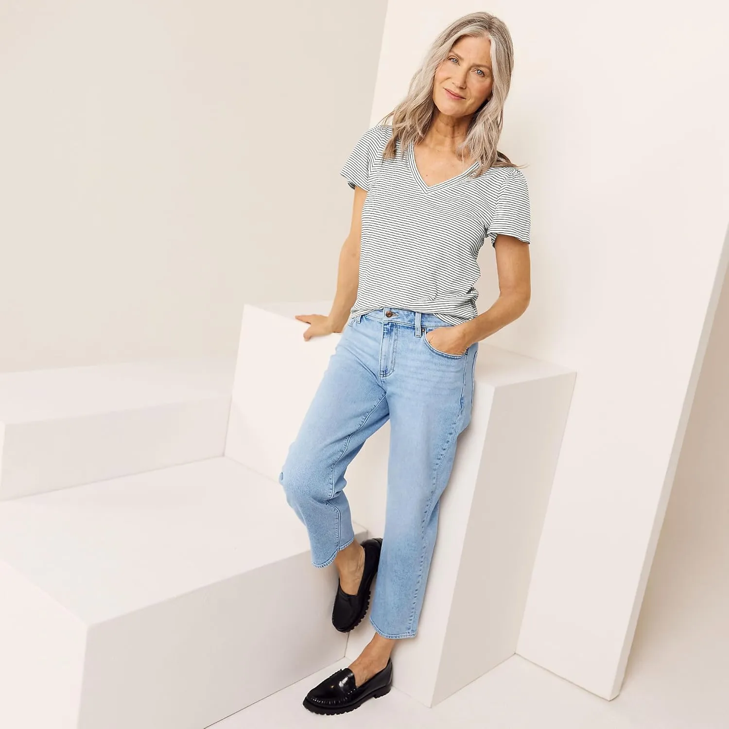 Lands' End Women's Soft Denim Mid Rise Relaxed Straight Crop Jeans