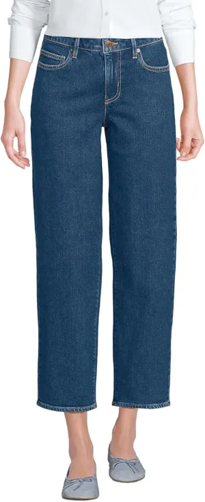 Lands' End Women's Soft Denim Mid Rise Relaxed Straight Crop Jeans