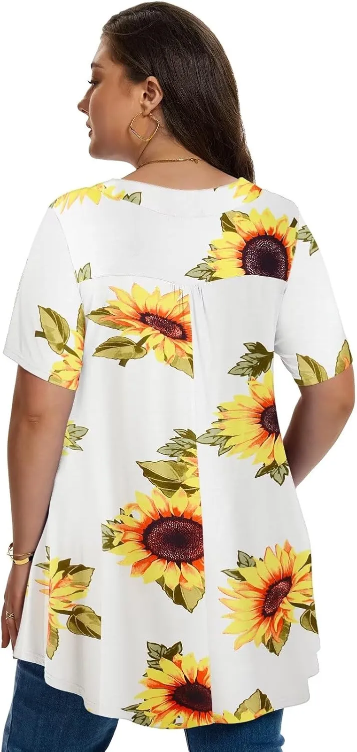 LARACE Plus Size Tops for Womens T Shirts Button Down Summer Clothes Short Sleeve Tunics Casual V Neck Blouses