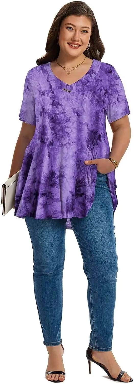 LARACE Plus Size Tops for Womens T Shirts Button Down Summer Clothes Short Sleeve Tunics Casual V Neck Blouses