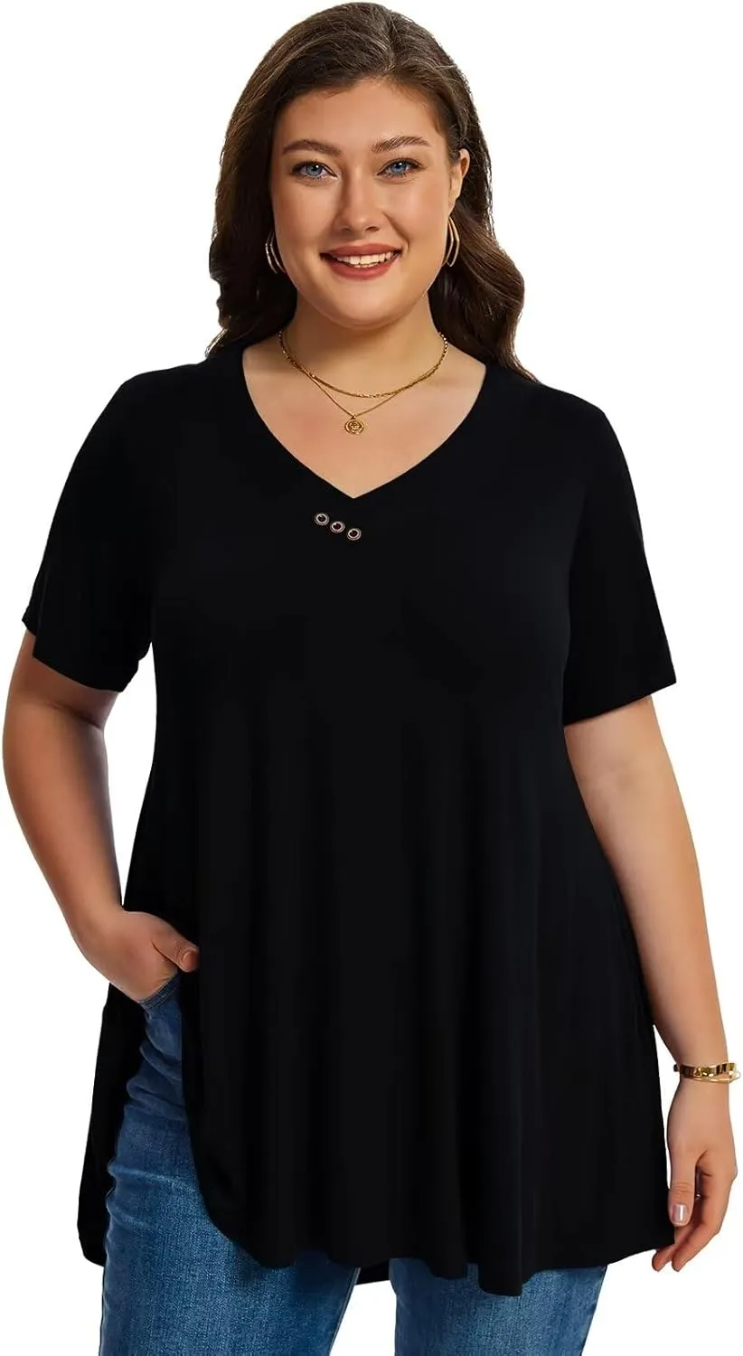 LARACE Plus Size Tops for Womens T Shirts Button Down Summer Clothes Short Sleeve Tunics Casual V Neck Blouses