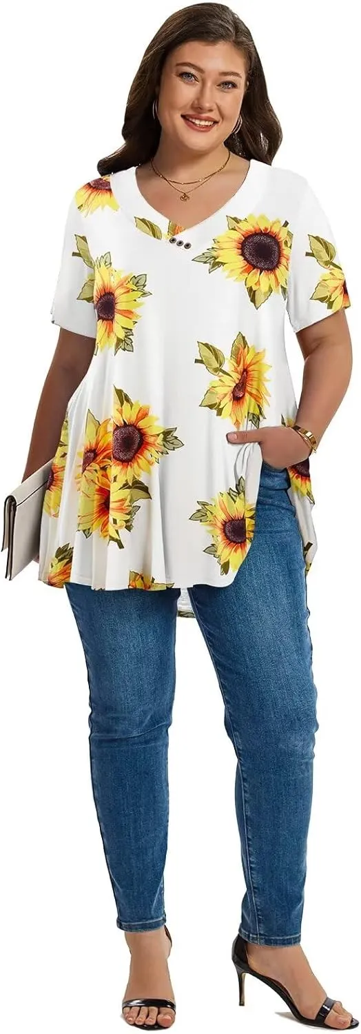 LARACE Plus Size Tops for Womens T Shirts Button Down Summer Clothes Short Sleeve Tunics Casual V Neck Blouses