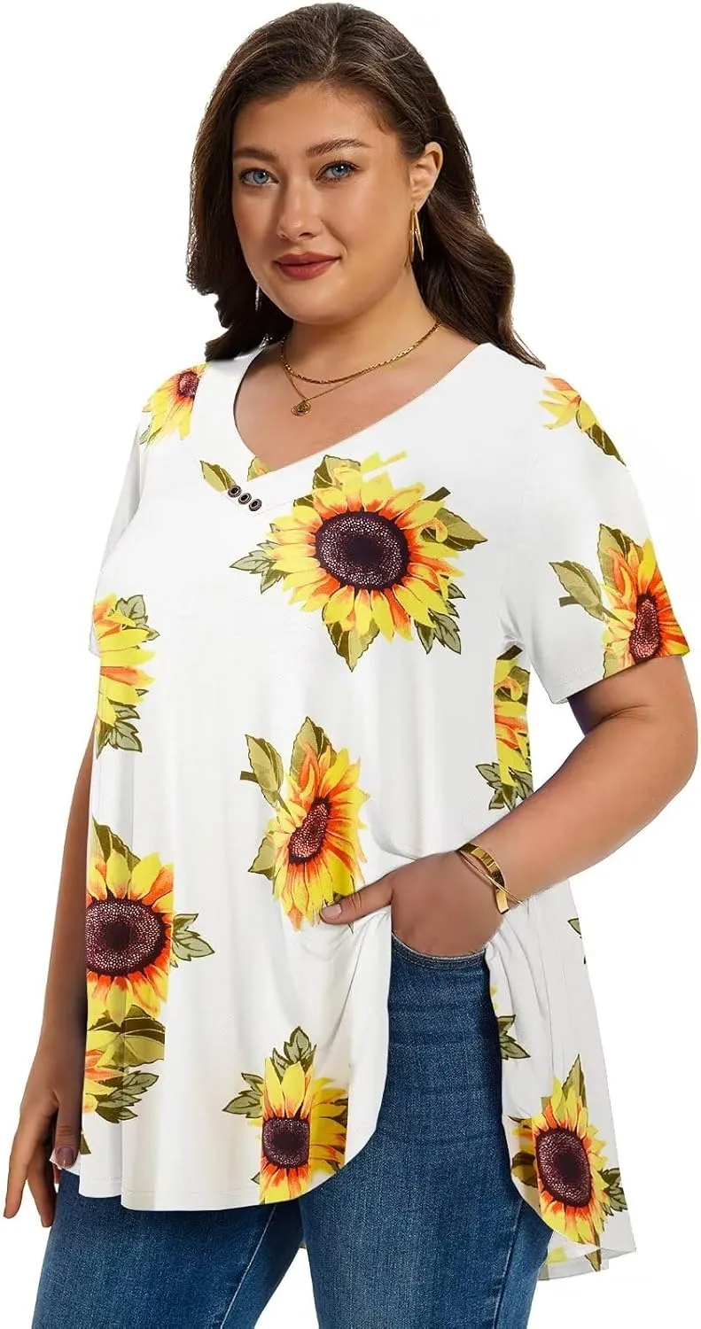 LARACE Plus Size Tops for Womens T Shirts Button Down Summer Clothes Short Sleeve Tunics Casual V Neck Blouses