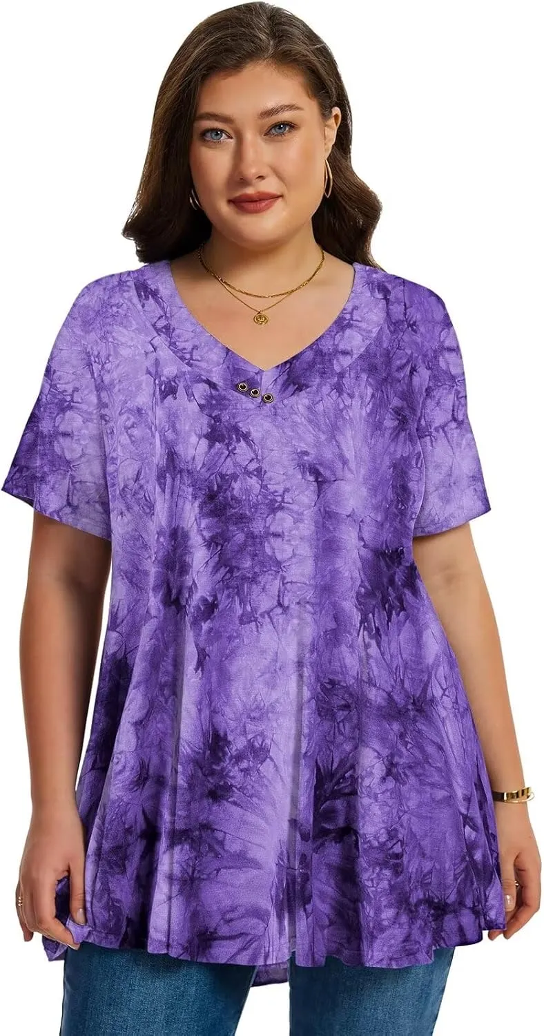 LARACE Plus Size Tops for Womens T Shirts Button Down Summer Clothes Short Sleeve Tunics Casual V Neck Blouses