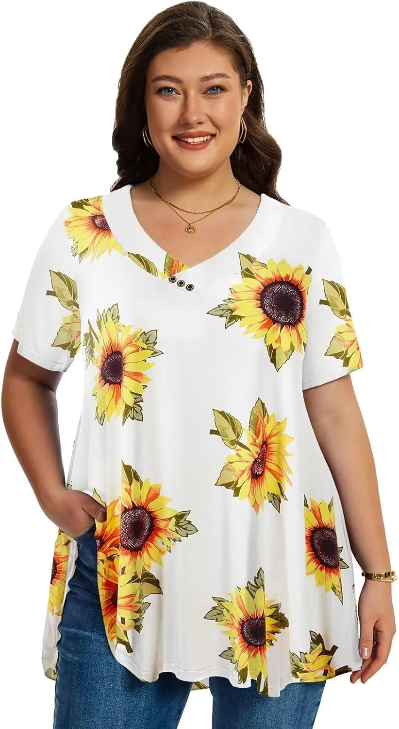 LARACE Plus Size Tops for Womens T Shirts Button Down Summer Clothes Short Sleeve Tunics Casual V Neck Blouses