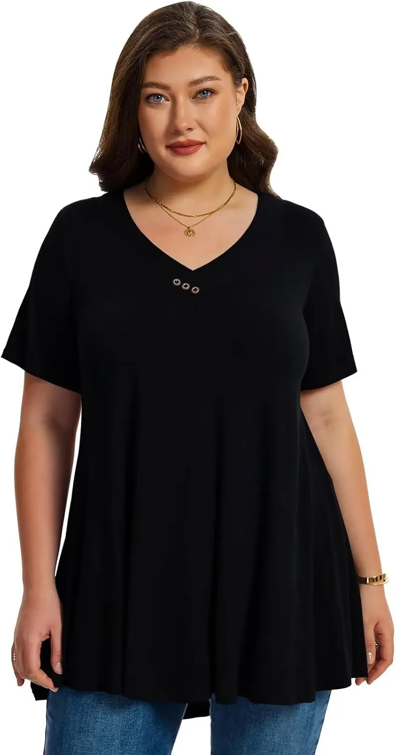 LARACE Plus Size Tops for Womens T Shirts Button Down Summer Clothes Short Sleeve Tunics Casual V Neck Blouses