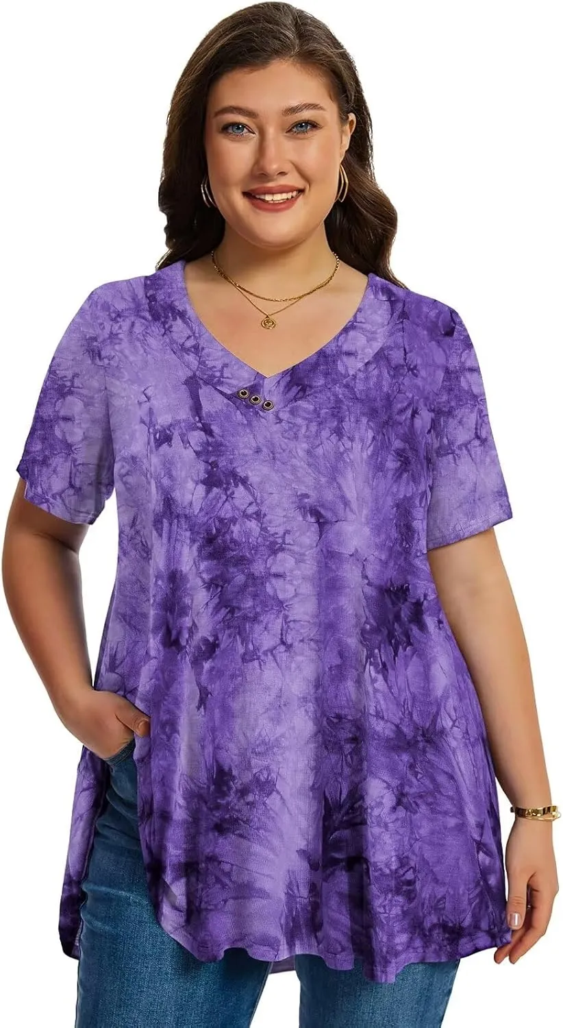 LARACE Plus Size Tops for Womens T Shirts Button Down Summer Clothes Short Sleeve Tunics Casual V Neck Blouses