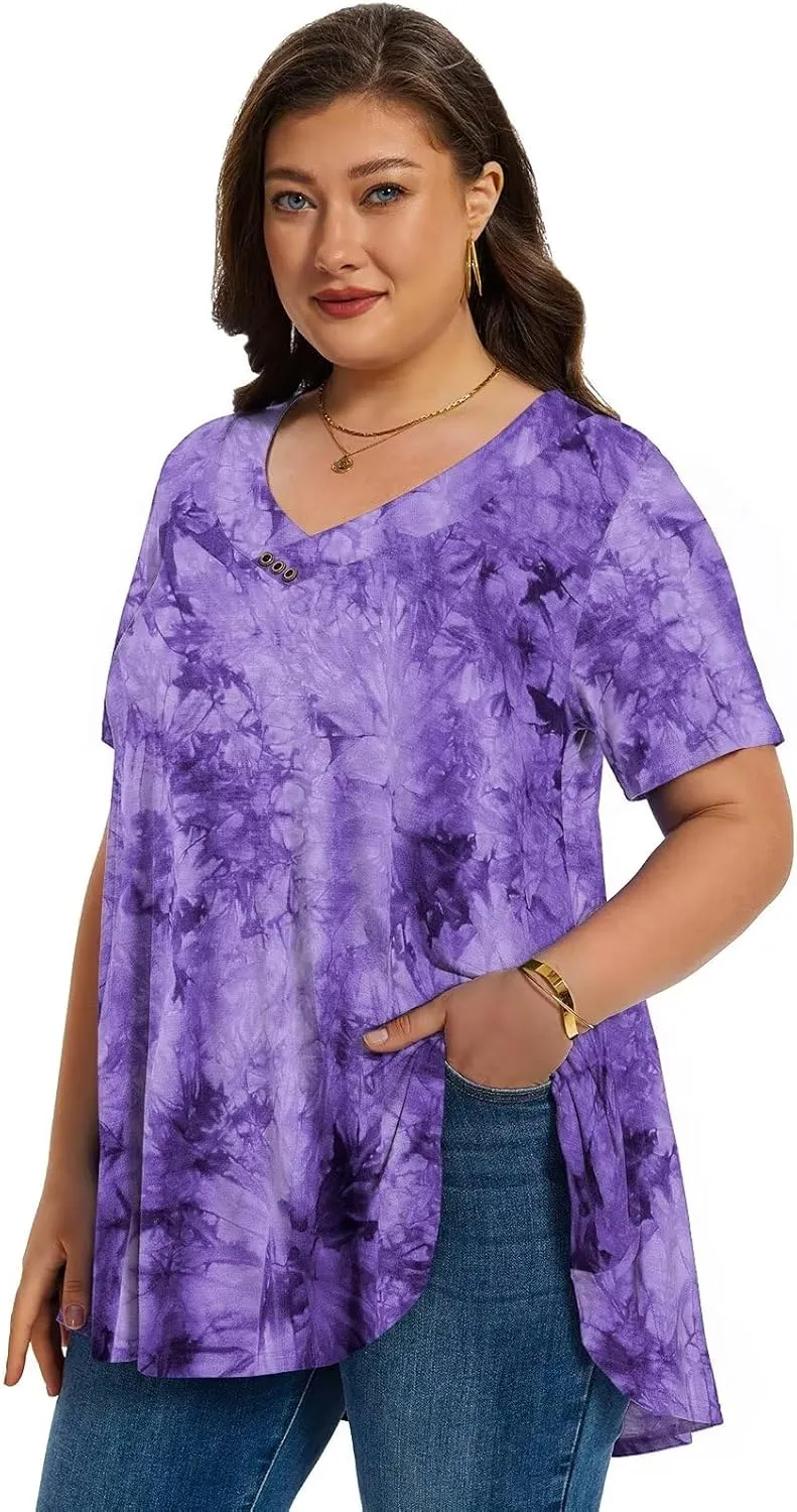 LARACE Plus Size Tops for Womens T Shirts Button Down Summer Clothes Short Sleeve Tunics Casual V Neck Blouses