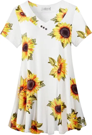 LARACE Plus Size Tops for Womens T Shirts Button Down Summer Clothes Short Sleeve Tunics Casual V Neck Blouses