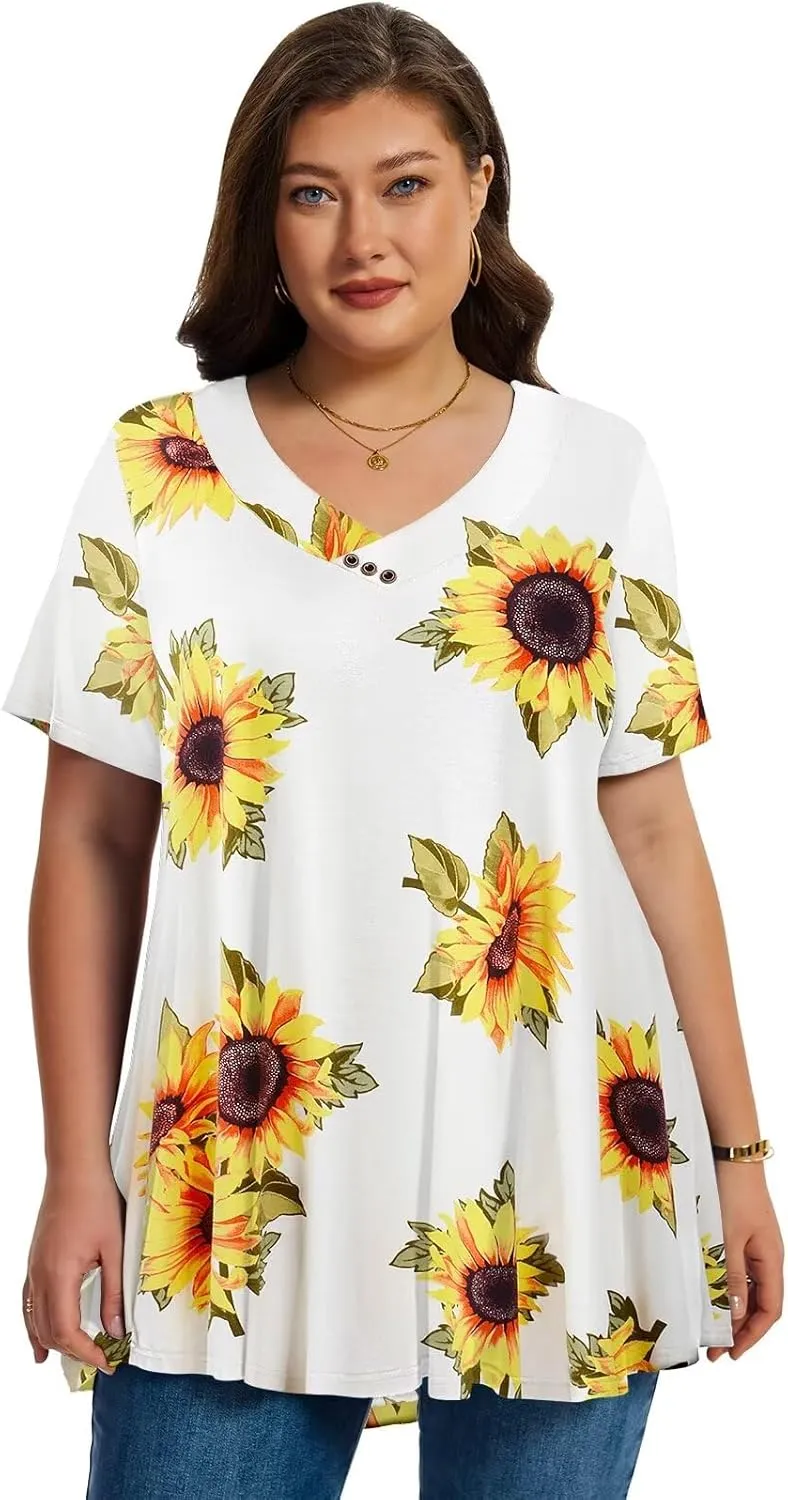 LARACE Plus Size Tops for Womens T Shirts Button Down Summer Clothes Short Sleeve Tunics Casual V Neck Blouses
