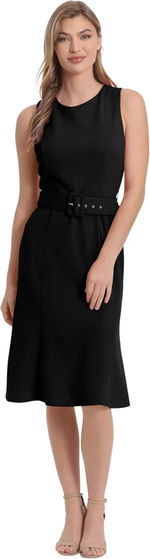 London Times Women's Sleeveless Fluted Sheath with Belt