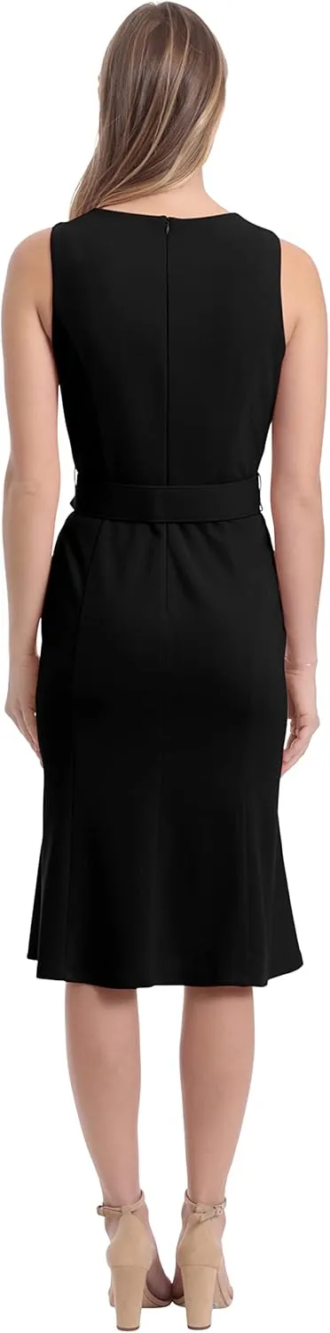 London Times Women's Sleeveless Fluted Sheath with Belt