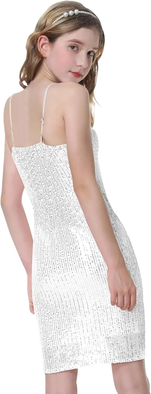 Mebius Girls Sequin Party Dress Bodycon Spaghetti Strap Mini Sparkle School Dance Birthday Special Occasion Dress 8-14Y
