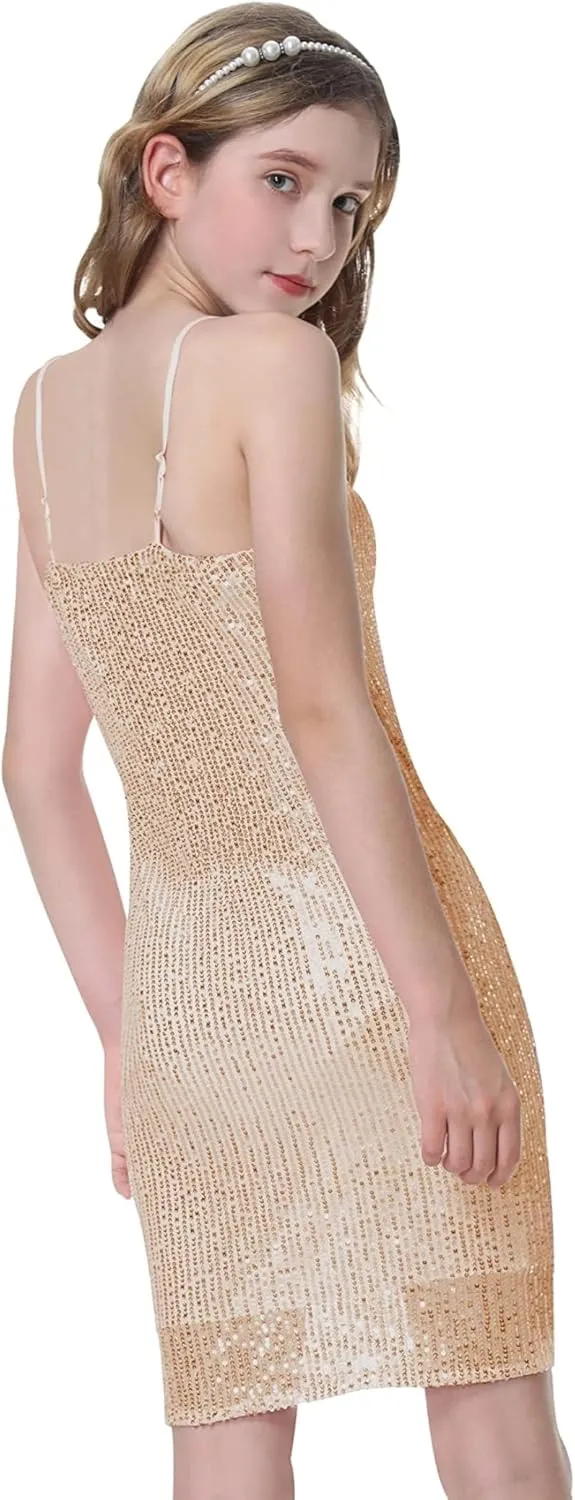 Mebius Girls Sequin Party Dress Bodycon Spaghetti Strap Mini Sparkle School Dance Birthday Special Occasion Dress 8-14Y