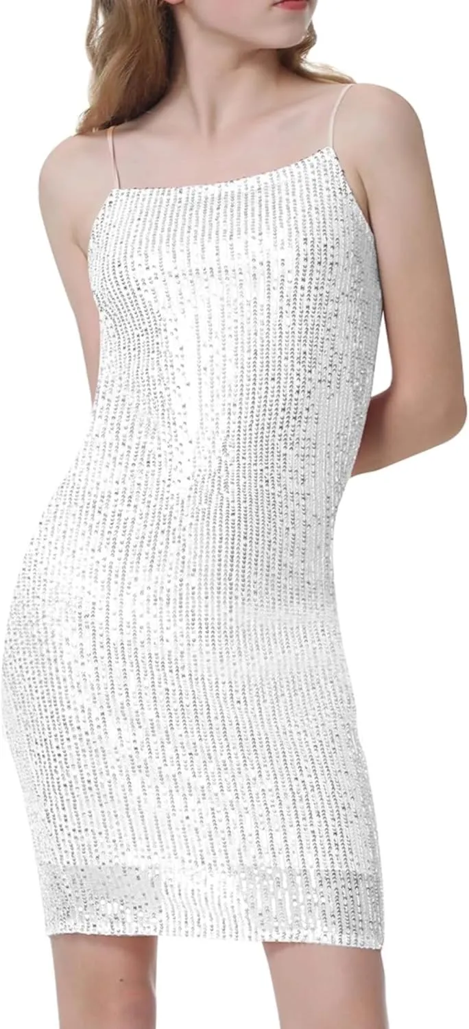 Mebius Girls Sequin Party Dress Bodycon Spaghetti Strap Mini Sparkle School Dance Birthday Special Occasion Dress 8-14Y