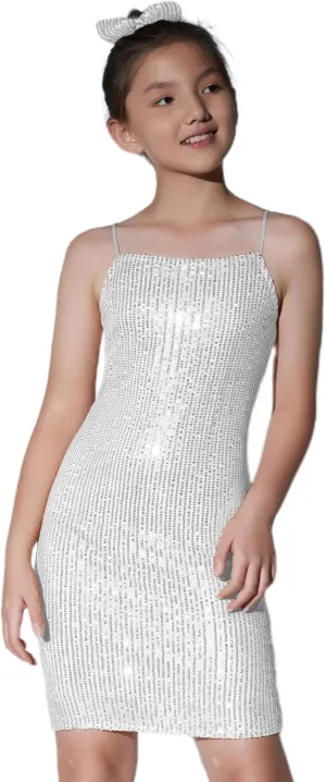 Mebius Girls Sequin Party Dress Bodycon Spaghetti Strap Mini Sparkle School Dance Birthday Special Occasion Dress 8-14Y