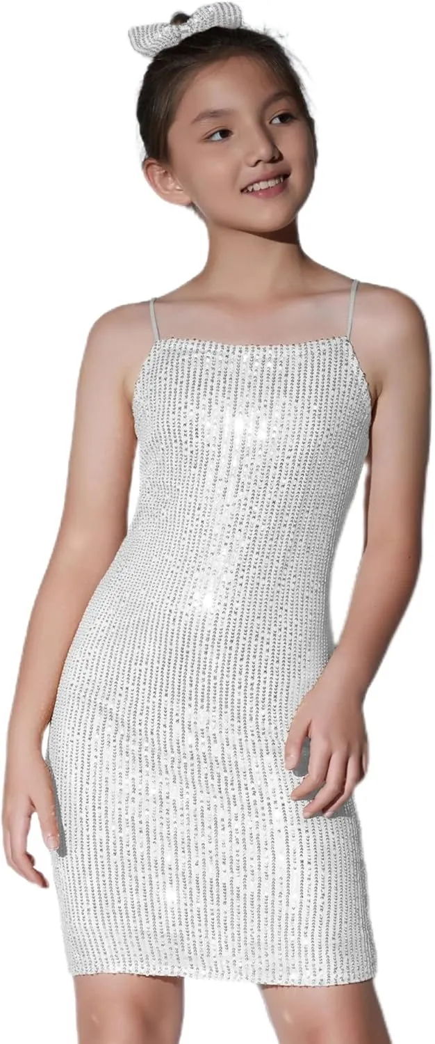 Mebius Girls Sequin Party Dress Bodycon Spaghetti Strap Mini Sparkle School Dance Birthday Special Occasion Dress 8-14Y
