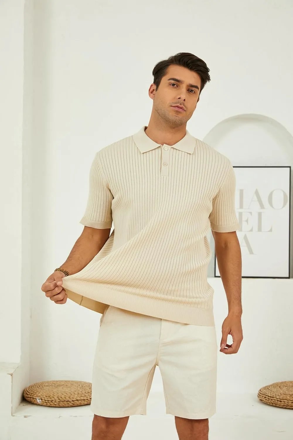 Mens Textured Knit Polo Shirts V-Neck Short Sleeve Polo Shirt Stretchy Casual Golf Shirts Knitted Polo