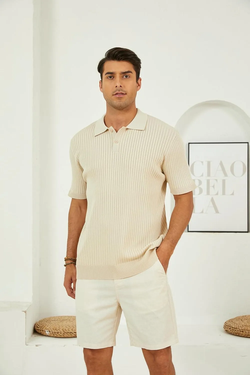 Mens Textured Knit Polo Shirts V-Neck Short Sleeve Polo Shirt Stretchy Casual Golf Shirts Knitted Polo