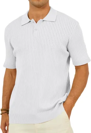 Mens Textured Knit Polo Shirts V-Neck Short Sleeve Polo Shirt Stretchy Casual Golf Shirts Knitted Polo