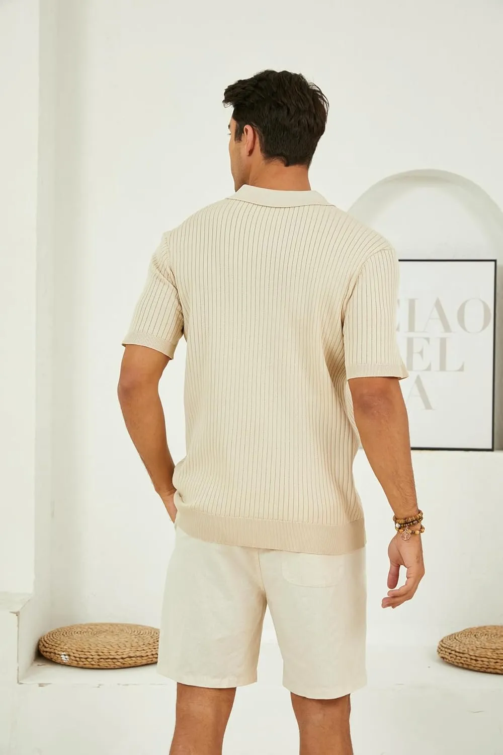 Mens Textured Knit Polo Shirts V-Neck Short Sleeve Polo Shirt Stretchy Casual Golf Shirts Knitted Polo