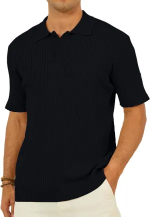 Mens Textured Knit Polo Shirts V-Neck Short Sleeve Polo Shirt Stretchy Casual Golf Shirts Knitted Polo