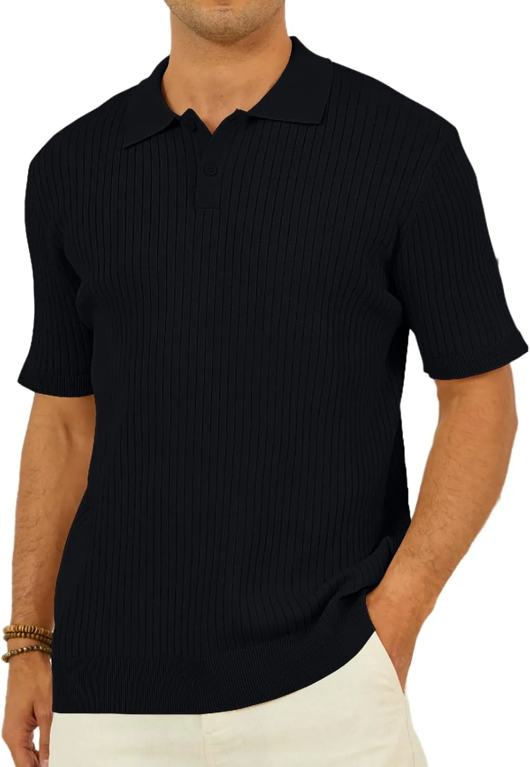 Mens Textured Knit Polo Shirts V-Neck Short Sleeve Polo Shirt Stretchy Casual Golf Shirts Knitted Polo