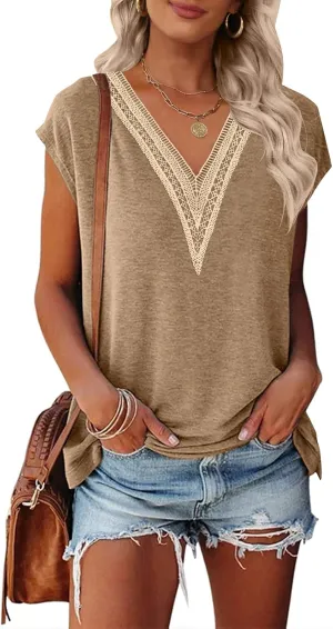 MEROKEETY Women's Casual Cap Sleeve Lace Trim V Neck Tops 2025 Summer Loose Tee Shirts Blouse