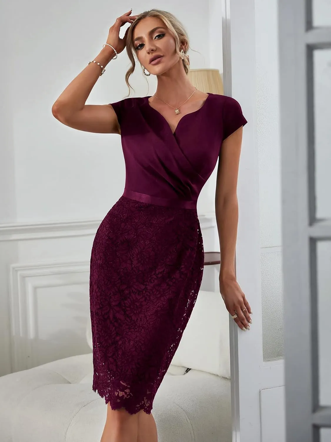 Miusol Women's V-Neck Floral Lace Slim Ruffle Cocktail Party Dress