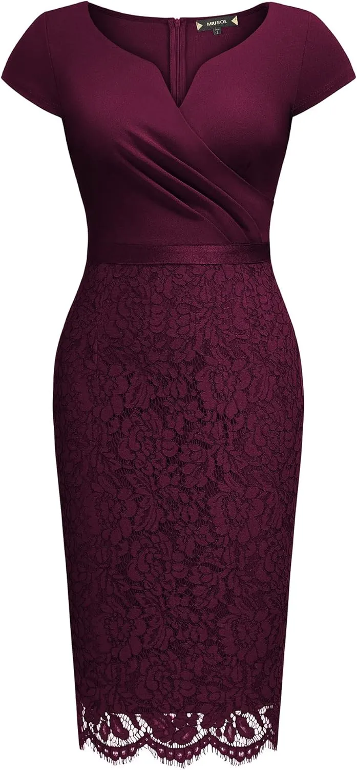 Miusol Women's V-Neck Floral Lace Slim Ruffle Cocktail Party Dress