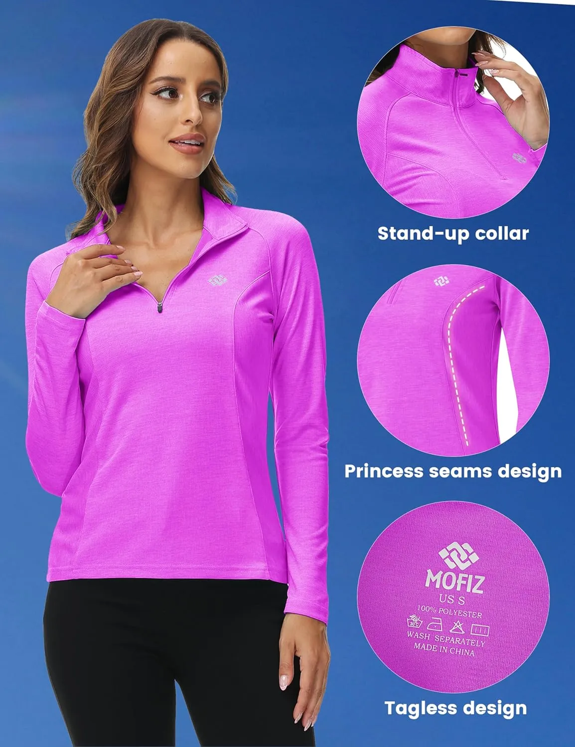MoFiz Women's Long Sleeve Golf Polo Shirt 1/4 Zip UPF 50  Sun Protection Quick Dry Workout Hiking Athletic Shirts