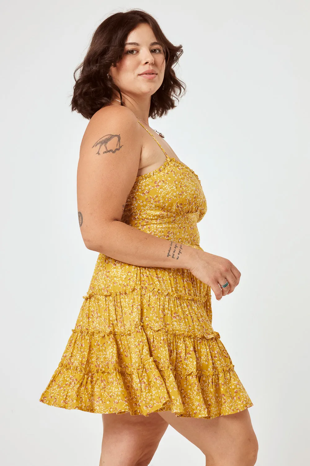 Muster Floral Lace Up Back Ruffle Dress