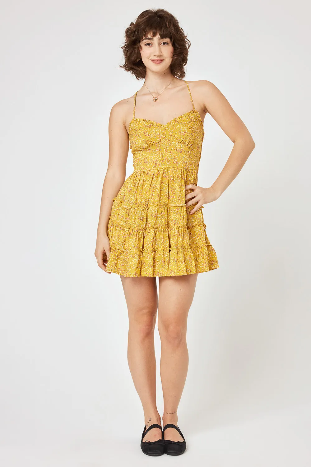 Muster Floral Lace Up Back Ruffle Dress
