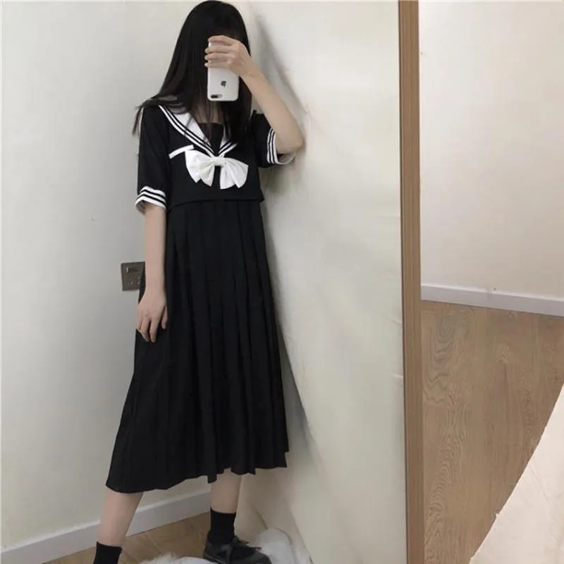 Navy Style Pleat Dress With Bowknot