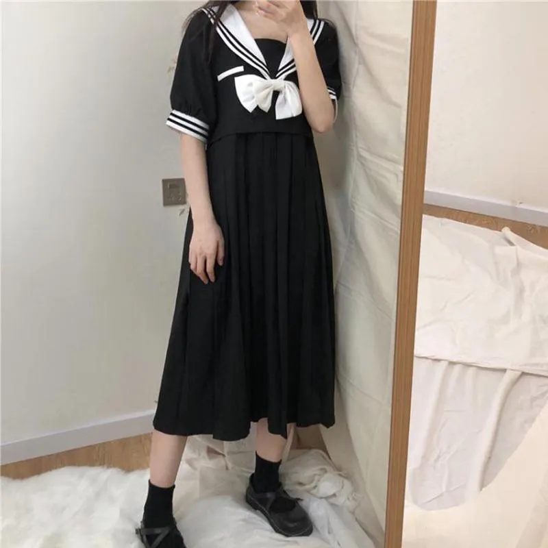 Navy Style Pleat Dress With Bowknot