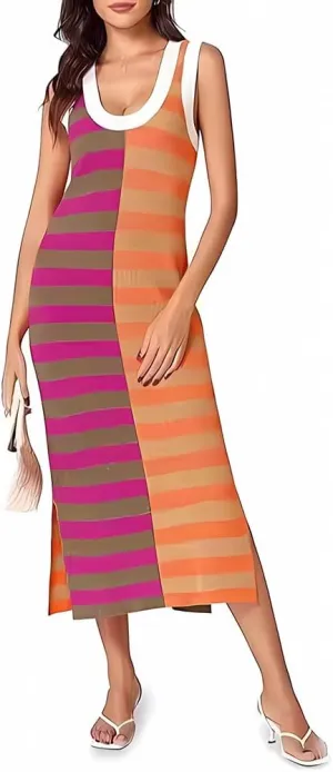 OBEEII Womens Color Contrast Striped Dress Sleeveless Knitted Midi Dress Side Slit Scoop Neck Bodycon Casual Sweater Dress
