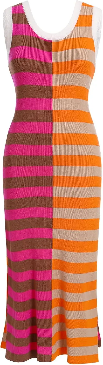 OBEEII Womens Color Contrast Striped Dress Sleeveless Knitted Midi Dress Side Slit Scoop Neck Bodycon Casual Sweater Dress