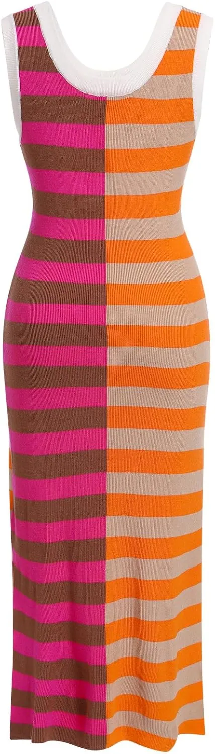 OBEEII Womens Color Contrast Striped Dress Sleeveless Knitted Midi Dress Side Slit Scoop Neck Bodycon Casual Sweater Dress