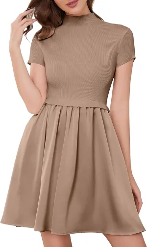 OLAPTA Women Mock Neck Patchwork Pleated Sweater Dress Short Sleeve Swing Knitted Solid Slim Fit Fashion Mini Dress Trendy