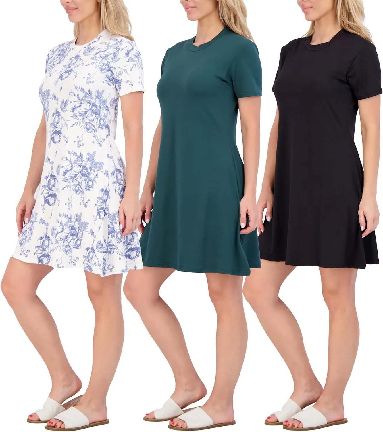 Real Essentials 3-Pack: Women's Super-Soft Short Sleeve Dress Loose Casual Plain Simple Summer T-Shirt (Available in Plus)