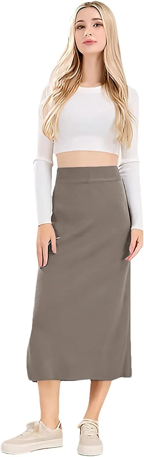 rismart Women Knitting Pencil Skirt Casual Below The Knee Stretch High Waist Elastic Skirts