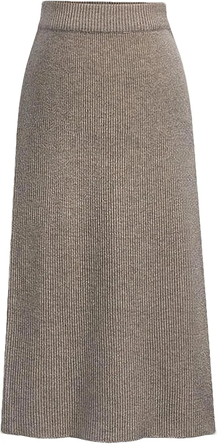 rismart Women Knitting Pencil Skirt Casual Below The Knee Stretch High Waist Elastic Skirts