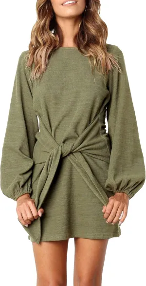 R.Vivimos Women's Autumn Winter Cotton Long Sleeves Elegant Knitted Bodycon Tie Waist Sweater Pencil Dress